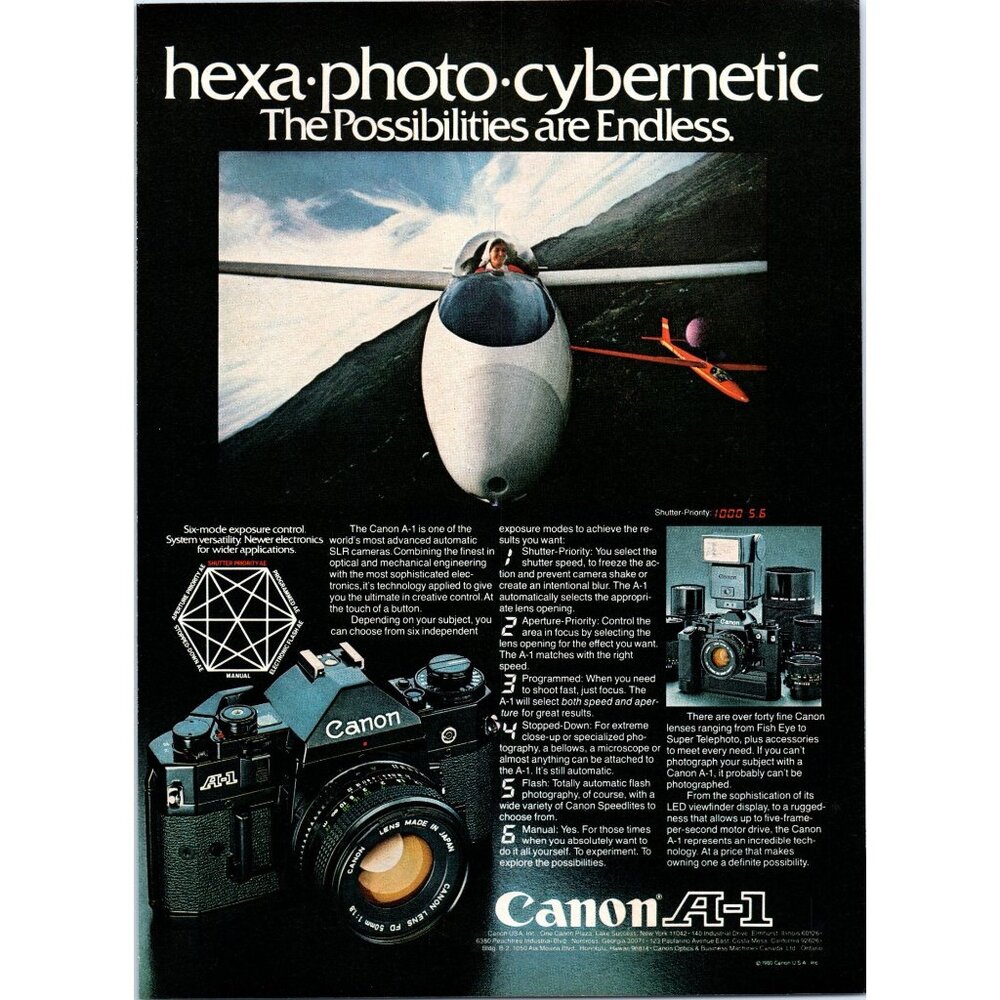 1981 Canon A-1 35mm Film SLR Camera Vintage Print Ad Glider Flight Wall Art